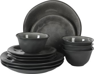 Gibson Home Port Barton 12-Piece Reactive Glaze Stoneware Dinnerware Set in Charcoal at Nordstrom