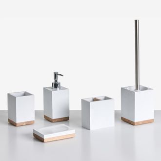 Beliani Conjunto De 5 Accesorios De Ba&ntilde;o Jabonera Dispensador De Jab&oacute;n Escobilla De Inodoro Vaso Soporte Para Cepillos De Dientes Blanco Tapiche