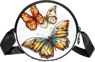 Generic Circle Crossbody Bag for Women, illustration Butterflies Small Sling Bag Daypack with Zipper Adjustable Shoulder Straps Casual Ladies Girls Round Purs