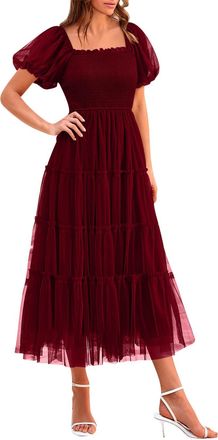 Generic Summer Dresses for Women UK Clearance Smocked Square Neck Mesh Long Dress Elastic Waist Sexy Short Sleeve Sheer Dress Flowy Tiered Midi Dress for Wome