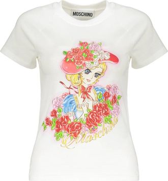 Moschino Geribbeld katoenen T-shirt met voorlogo - Dames - T-shirts - Wit - XS - Katoen - Tops
