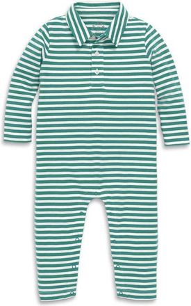 primary Baby Long Sleeve Polo Romper In Mini Stripe in Ivory Sunwashed Teal Stripe at Nordstrom, Size 12-18M