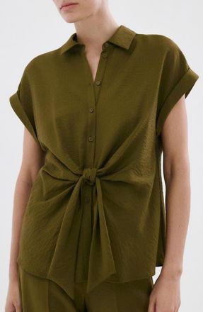 Mango Tie Front Woven Shirt in Green at Nordstrom, Size 4