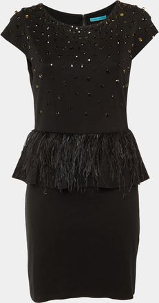 Alice & Olivia Alice + Olivia Black Embellished Jersey Feather Detail Peplum Mini Dress