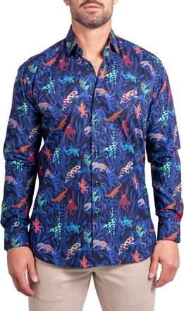 Maceoo Fibonacci Ascension 0213 Jungle Print Contemporary Fit Button-Up Shirt in Blue at Nordstrom, Size 6