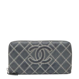 Chanel Gray Leather Long Wallet (Bi-Fold) (Pre-Owned)