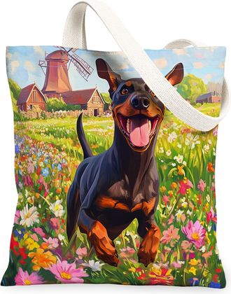 Generic Spring Doberman Dog Canvas Tote Bag for Shopping 13x15, Country Garden Puppy Reusable Grocery Print Pattern Bag for Women, Fun Flower Pet Beach Aesthe
