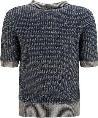Balmain Womens Short-Sleeve Sequined Sweater With Buttons Marine-Vert Marine/vert