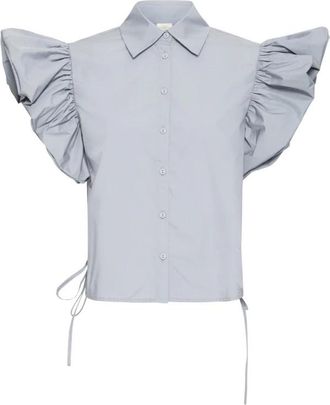 Ichi Stijlvolle Blouse met Brede Ruches - Dames - Overhemden - Blauw - XL - Katoen - Overhemden