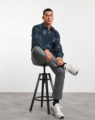 Jacamo Long Sleeve Blue Floral Shirt