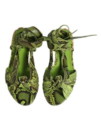Dolce & Gabbana Womens Green Animal Print Ankle Wrap Sandals Shoes Leather
