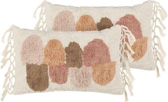 Beliani Set of 2 Cotton Tufted Scatter Cushions with Tassels Boho Style 30 x 50 cm Multicolour Caltha