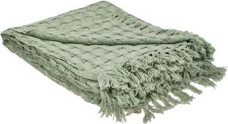 Beliani Colcha Decorativa Manta Plaid Para Cama Con Flecos De Algod&oacute;n 200 X 220 Cm Verde Bere