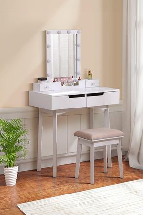 H&O Direct Modern Makeup Desk Set with Lighted Mirror & Stool in White