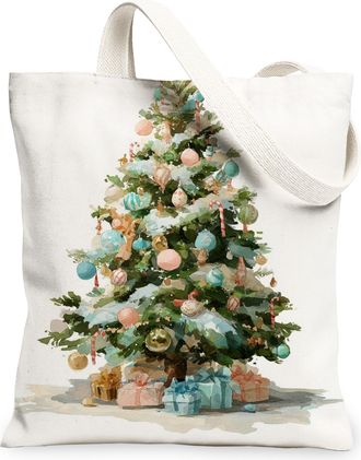 Generic Christmas Tree Canvas Tote Bags, Festive Holiday Design Reusable Shopping Bags, Lightweight Washable Eco-Friendly Canvas for Gifts Travel Beach 13x15 