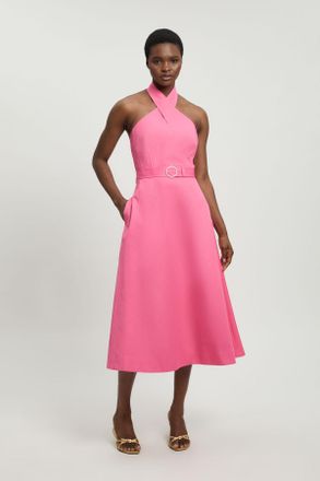 Karen Millen Womens Petite Tailored Cotton Sateen Halter Full Midi Dress - Pink