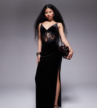 Tfnc Petite Vestito lungo in velluto nero con inserto in pizzo e scollo profondo