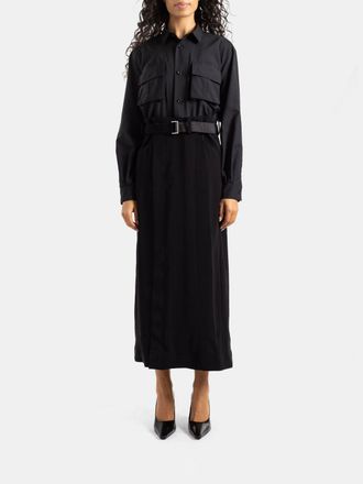 sacai Long-Sleeved Viscose Midi Shirt Dress with Adjustable Belt