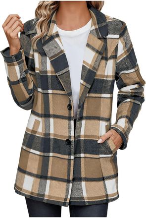 Generic Plaid Wool Trench Coats for Women UK - Single Breasted Overcoats, Notched Lapel Winter Warm Jacket, Ladies Elegant Peacoat, Casual Loose, Slim Lightwe