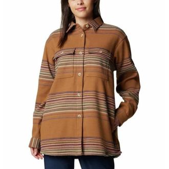 Columbia Blue Point Creek Shirt Jacket Womens Brown Striped Button Front JAX1018