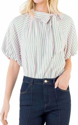 THML Clothing Puff Sleeve Striped Top In Green/ Pink