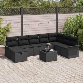 vidaXL Conjunto De Sof&aacute; De Jard&iacute;n Con Coj&iacute;n 9 Pcs Negro Polirat&aacute;n Vidaxl