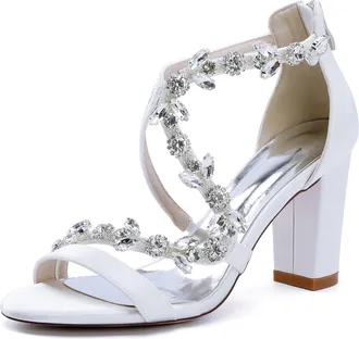 Generic Bridal Heeled Sandals Womens Chunky Block Open Toe Wedding Prom Party Evening Homecoming Dress Shoes 8.5Cm,White,10 UK