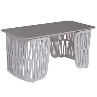 Hhg [nunca Usado] Mesa De Sal&oacute;n Hhg-224, Mesa De Jard&iacute;n, Mesa De Balc&oacute;n, Exterior, Mimbre Trenzado, Piedra Sinterizada, 43 X 90 X 45 Cm, Gris Claro, Table
