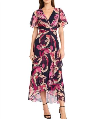 Maggy London Short Sleeve Maxi Dress In Navy With Florals In Apricot, Khaki And Pink