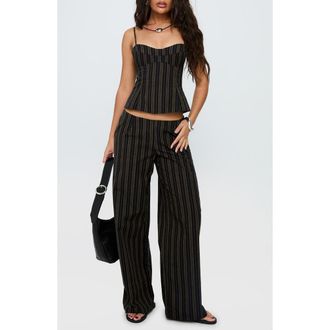 Princess Polly Kierstyn Stripe Crop Cotton Top & Wide Leg Pants Set in Black Stripe at Nordstrom, Size 10