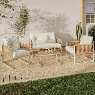 IDMarket Conjunto De Muebles De Jard&iacute;n Rio De 4 Plazas Con Estructura De Metal Blanco, Cuerdas De Rat&aacute;n Claro Y Cojines Beige