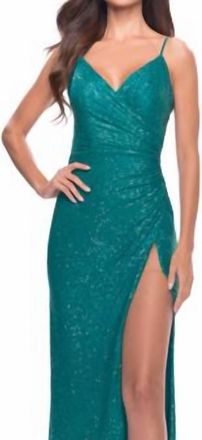 La Femme Sequin Long Prom Gown In Peacock