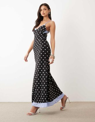 Asos Vestito lungo con spalline sottili in rete blu a pois-Multi