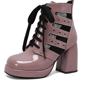 Generic Womens Round Toe Spring Shoes Patent Leather Mesh Cutout Lace-Up Low Block Heel Platform Cushioned Insole Anti-Slip Durable Comfortable Fit,Pink,4.5 U