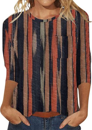 Generic 2025 Long Sleeve T Shirt Womens Blouse Loose Tunic Womens 3/4 Length Sleeve T Shirts Casual Round Neck Cute Tunics Tops Basic Loose Fit Tees with Pock