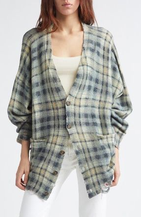 R13 Oversize Distressed Plaid Wool & Cashmere V-Neck Cardigan in Grey Black Plaid at Nordstrom, Size X-Large