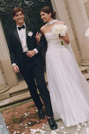 Jenny Yoo Jenny by Jenny Yoo Penelope Chiffon Strapless Drop-Waist Shirred Wedding Gown