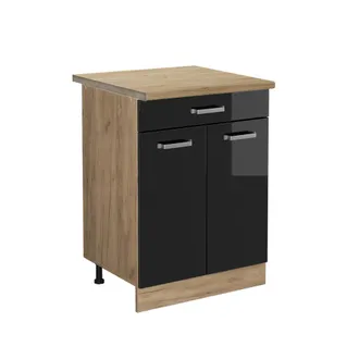 Vicco Mueble Bajo De Cocina R-line, Negro Brillo Intenso, 60 Cm Con Caj&oacute;n, Et Roble Vicco