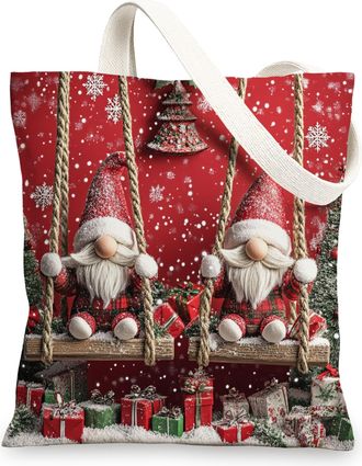 Generic Winter Christmas Gnome Canvas Tote Bag for Shopping 13x15, Red Snow Xmas Tree Swing Reusable Grocery Print Pattern Bag for Women Men, Holiday New Year