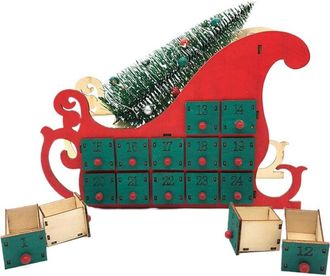 OEM Calendario De Adviento De Madera: Trineo Decorativo Con &Aacute;rbol De Navidad Y 24 Cajones Vac&iacute;os, Madera Roja Y Natural