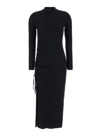 Michael Kors Black Crewneck Midi Dress With Ruched Detail In Wool Woman