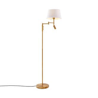QAZQA Retro/vintage L&aacute;mpara De Pie De Bronce Con Pantalla Blanca Y Flexo Regulable - Ladas Acero /textil Alargada Adecuado Para Led Max. 1 X 40 Watt - Qazqa