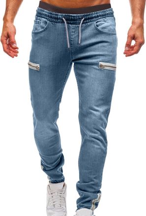 Generic Mens Jeans with Zip Pockets Elasticated Waist Denim Trousers High Stretch Slim Fit Jean Pants Drawstring Skinny Bottoms Smart Casual Trouser for Men Y