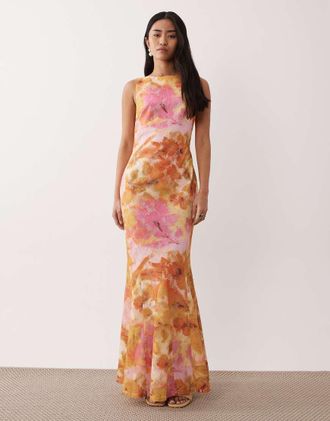 Pretty Lavish Vestito lungo rosa e giallo a fiori con cut-out sul retro-Multicolore