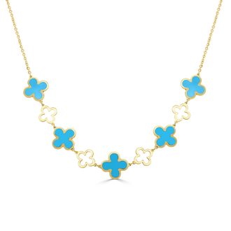 Italian Gold, Inc 14K Yellow Gold Alternating Clover & Open Clover Necklace 9 Stations - Turquoise