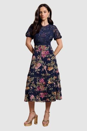 Oasis Petite Lace Bodice Midi Dress in Navy at Nordstrom, Size 14P