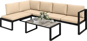OUTSUNNY Conjunto De Jard&iacute;n Exterior De 4 Piezas, Muebles Jard&iacute;n Exterior Con 2 Sof&aacute;s De 2 Plazas, 1 Sill&oacute;n Sin Brazos Y Mesa De Centro, Cojines Caqui