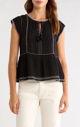 Lucky Brand Embroidered Detail Cotton Tank in 001 Black at Nordstrom, Size Xx-Large