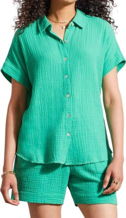 Tribal Cotton Gauze Button-Up Shirt With Short Sleeves In Jademist