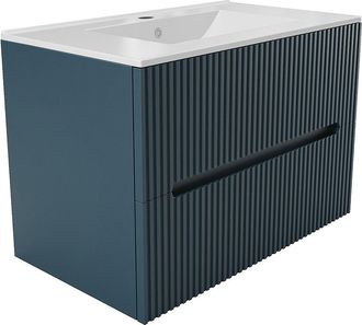 Vente-Unique Mueble de ba&ntilde;o suspendido con lavabo encastrado - Estriado azul - 80 cm - PAVANI